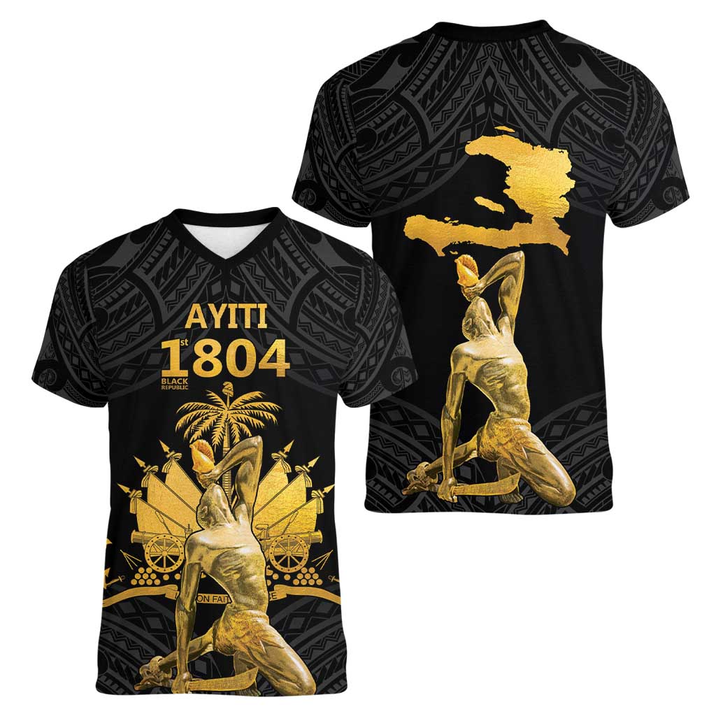 Haitian Negre Marron 1804 Women V-Neck T-Shirt Black Polynesian Pattern LT9 - Polynesian Pride