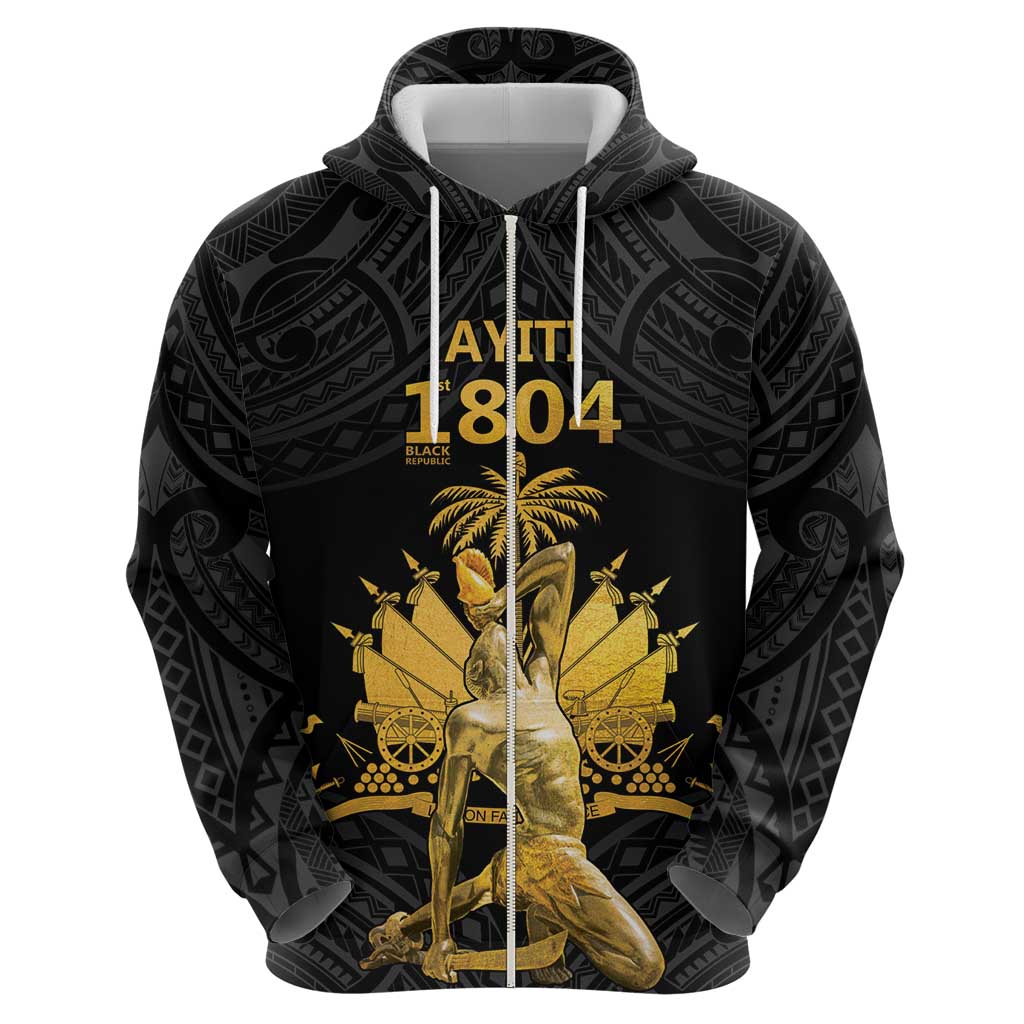 Haitian Negre Marron 1804 Zip Hoodie Black Polynesian Pattern