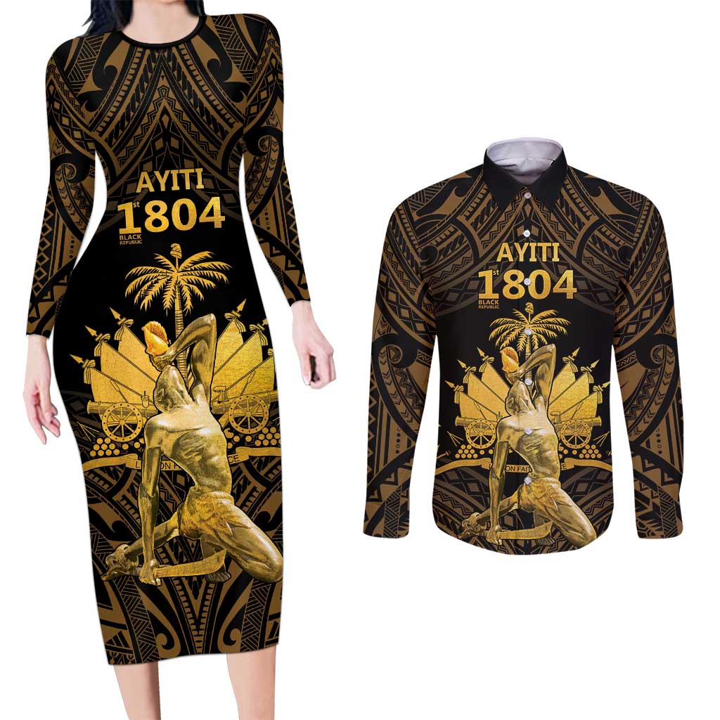 Haitian Negre Marron 1804 Couples Matching Long Sleeve Bodycon Dress and Long Sleeve Button Shirt Gold Polynesian Pattern LT9 Gold - Polynesian Pride