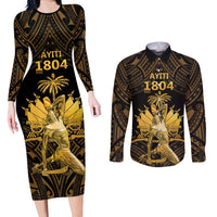 Haitian Negre Marron 1804 Couples Matching Long Sleeve Bodycon Dress and Long Sleeve Button Shirt Gold Polynesian Pattern LT9 Gold - Polynesian Pride