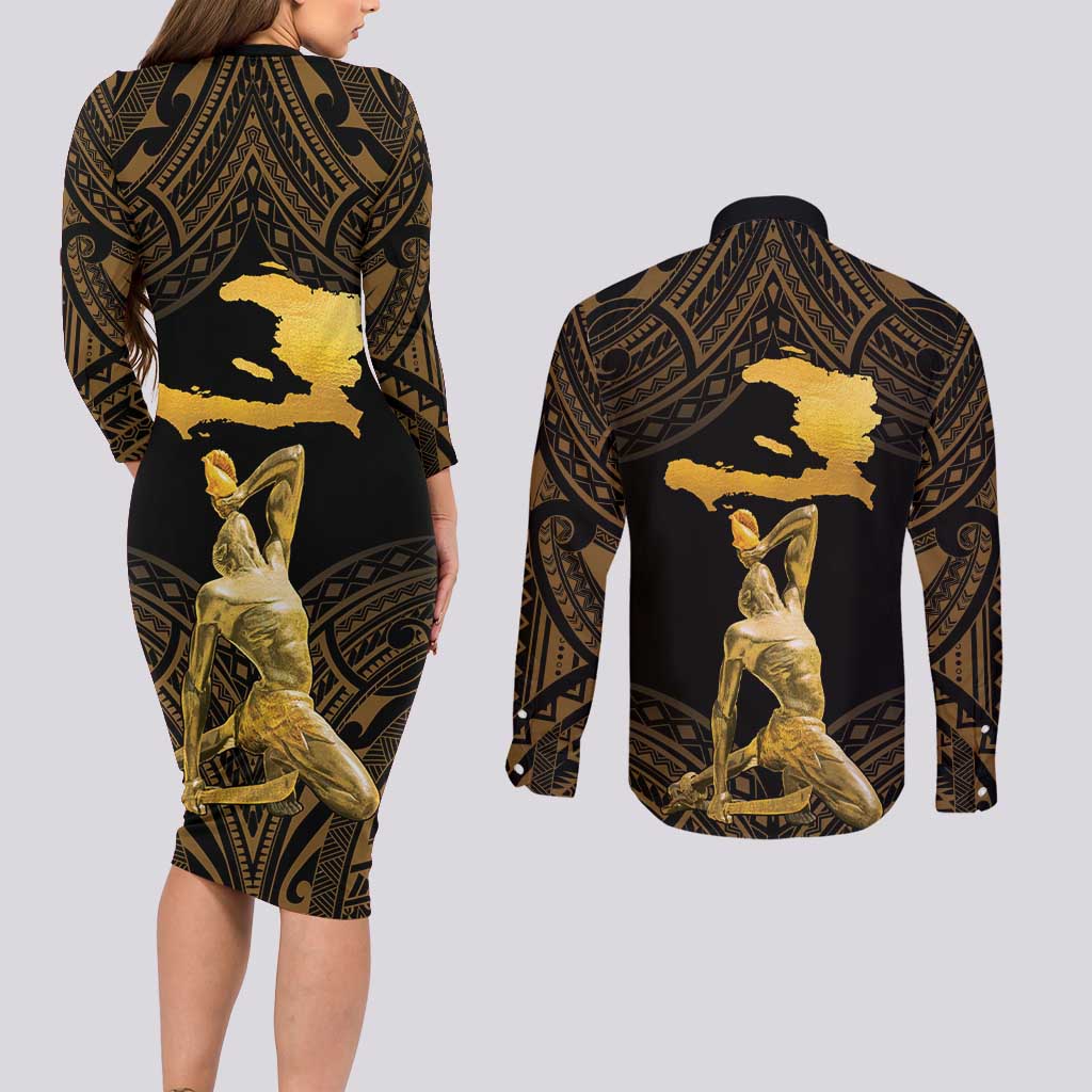 Haitian Negre Marron 1804 Couples Matching Long Sleeve Bodycon Dress and Long Sleeve Button Shirt Gold Polynesian Pattern LT9 - Polynesian Pride