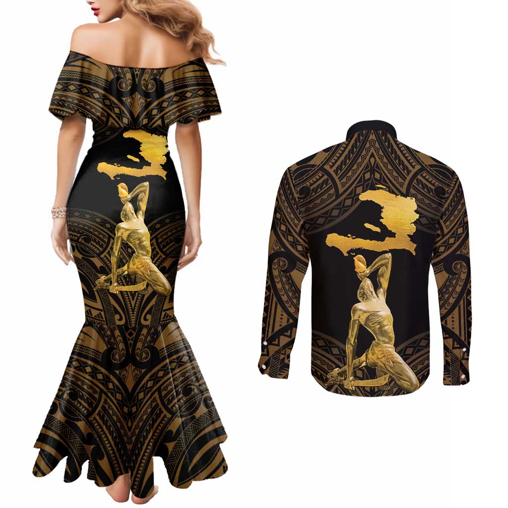 Haitian Negre Marron 1804 Couples Matching Mermaid Dress and Long Sleeve Button Shirt Gold Polynesian Pattern LT9 - Polynesian Pride
