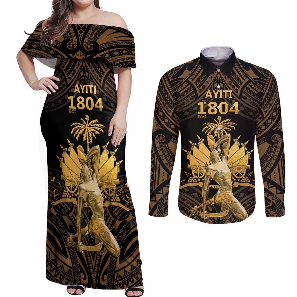 Haitian Negre Marron 1804 Couples Matching Off Shoulder Maxi Dress and Long Sleeve Button Shirt Gold Polynesian Pattern LT9 Gold - Polynesian Pride
