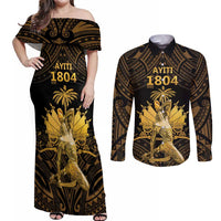Haitian Negre Marron 1804 Couples Matching Off Shoulder Maxi Dress and Long Sleeve Button Shirt Gold Polynesian Pattern LT9 Gold - Polynesian Pride