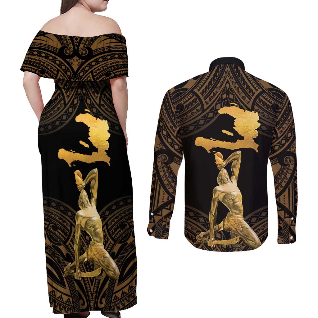 Haitian Negre Marron 1804 Couples Matching Off Shoulder Maxi Dress and Long Sleeve Button Shirt Gold Polynesian Pattern LT9 - Polynesian Pride