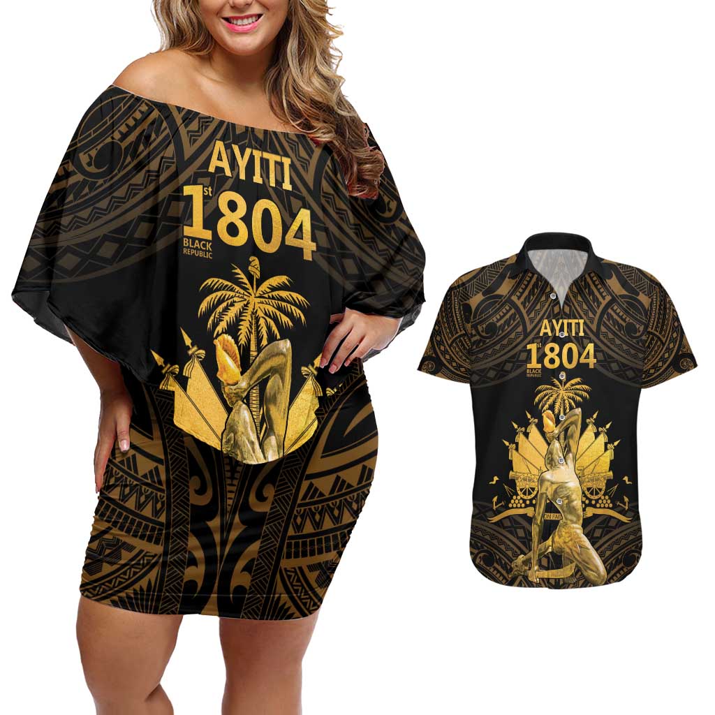 Haitian Negre Marron 1804 Couples Matching Off Shoulder Short Dress and Hawaiian Shirt Gold Polynesian Pattern LT9 Gold - Polynesian Pride