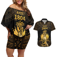 Haitian Negre Marron 1804 Couples Matching Off Shoulder Short Dress and Hawaiian Shirt Gold Polynesian Pattern LT9 Gold - Polynesian Pride