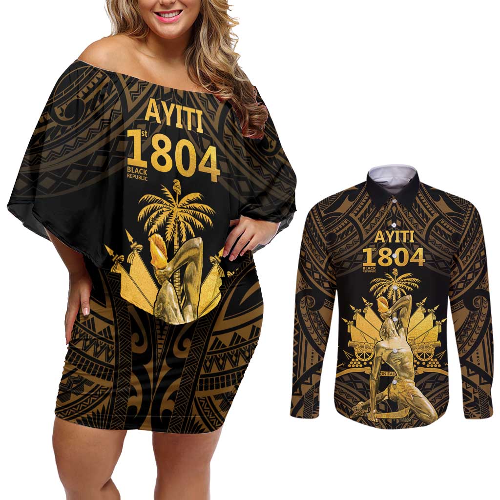 Haitian Negre Marron 1804 Couples Matching Off Shoulder Short Dress and Long Sleeve Button Shirt Gold Polynesian Pattern LT9 Gold - Polynesian Pride
