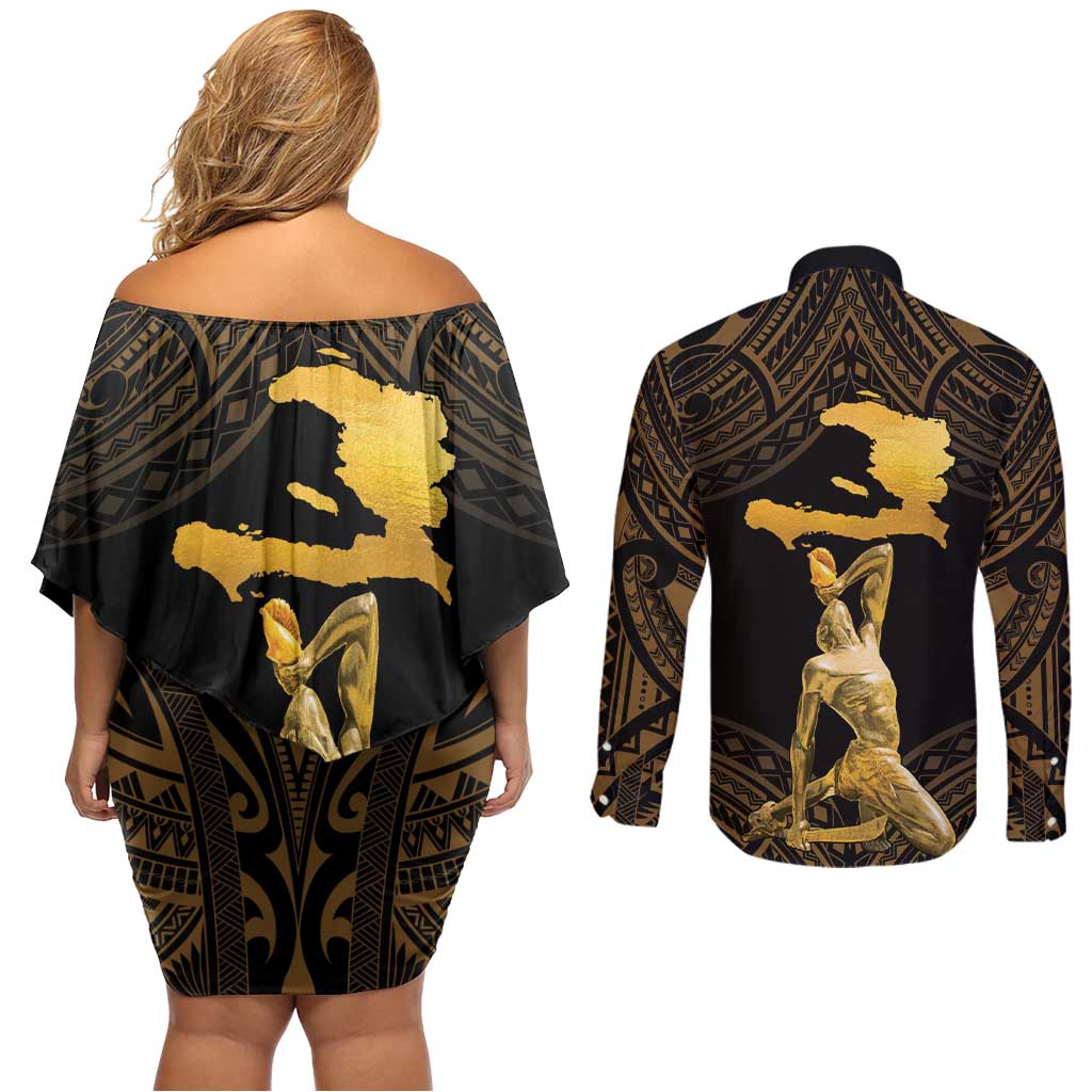 Haitian Negre Marron 1804 Couples Matching Off Shoulder Short Dress and Long Sleeve Button Shirt Gold Polynesian Pattern LT9 - Polynesian Pride