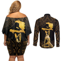 Haitian Negre Marron 1804 Couples Matching Off Shoulder Short Dress and Long Sleeve Button Shirt Gold Polynesian Pattern LT9 - Polynesian Pride