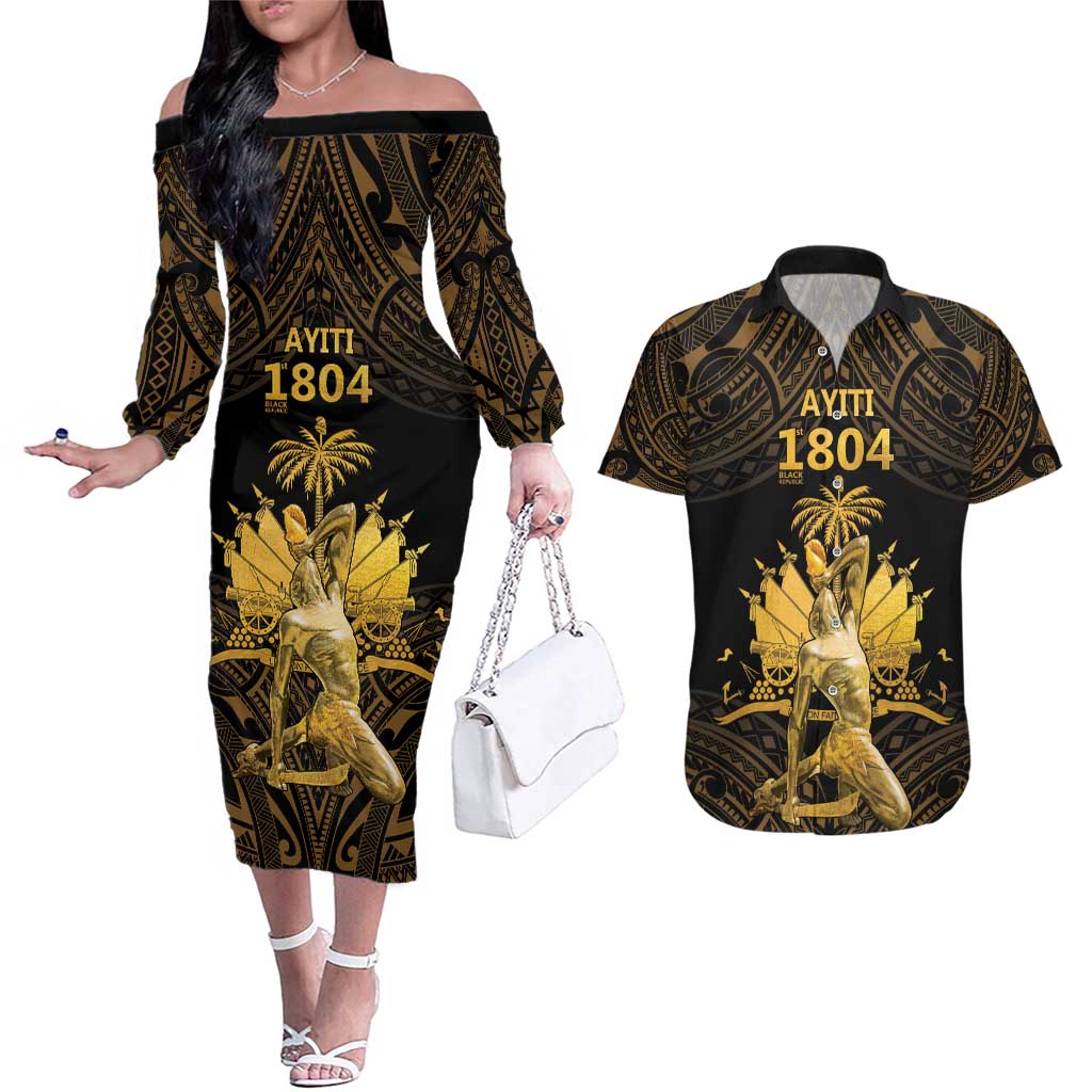 Haitian Negre Marron 1804 Couples Matching Off The Shoulder Long Sleeve Dress and Hawaiian Shirt Gold Polynesian Pattern LT9 Gold - Polynesian Pride
