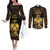 Haitian Negre Marron 1804 Couples Matching Off The Shoulder Long Sleeve Dress and Long Sleeve Button Shirt Gold Polynesian Pattern