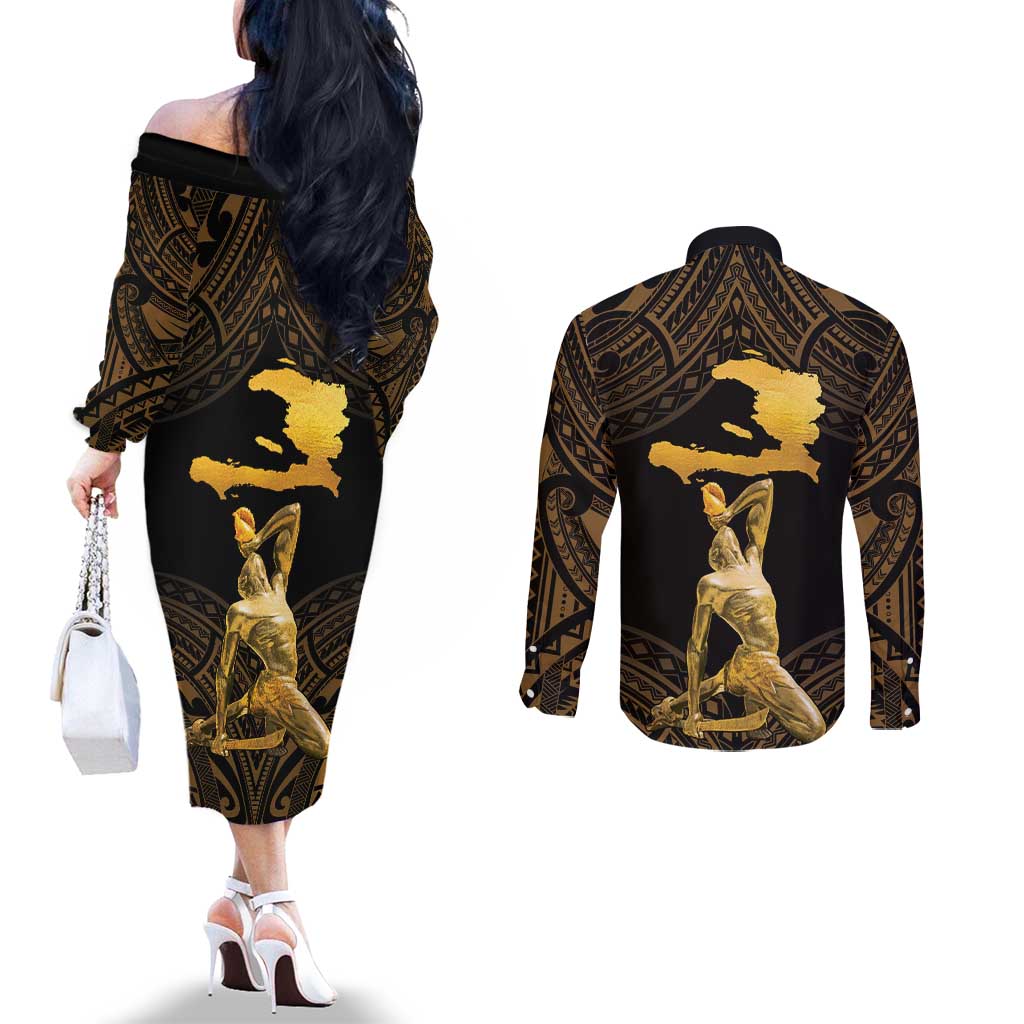 Haitian Negre Marron 1804 Couples Matching Off The Shoulder Long Sleeve Dress and Long Sleeve Button Shirt Gold Polynesian Pattern LT9 - Polynesian Pride