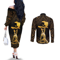 Haitian Negre Marron 1804 Couples Matching Off The Shoulder Long Sleeve Dress and Long Sleeve Button Shirt Gold Polynesian Pattern LT9 - Polynesian Pride