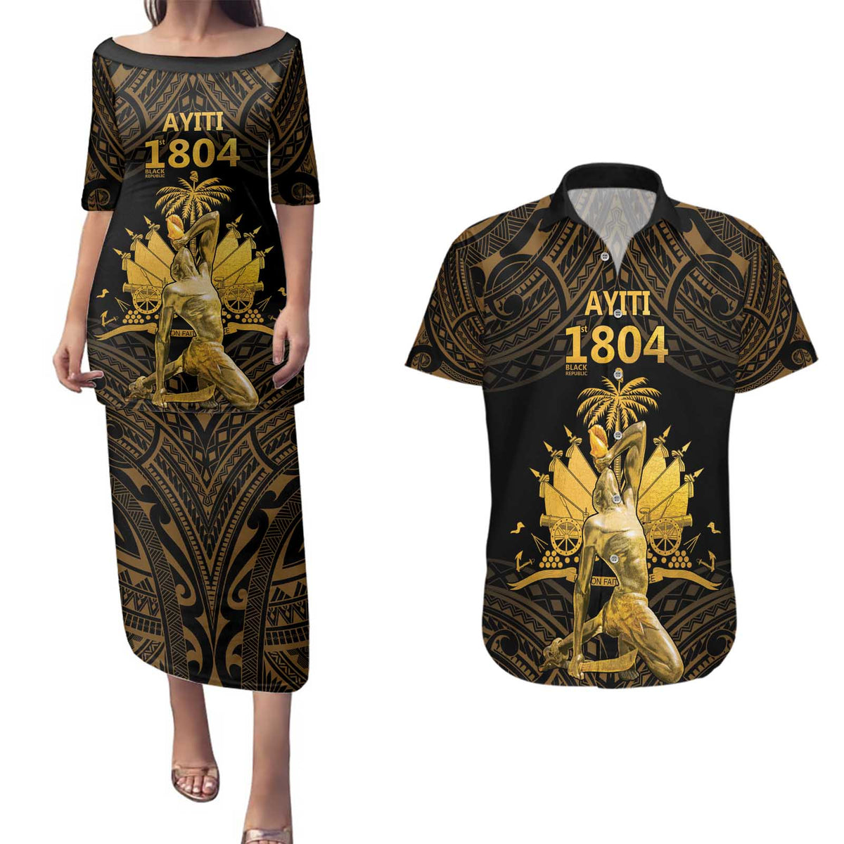 Haitian Negre Marron 1804 Couples Matching Puletasi and Hawaiian Shirt Gold Polynesian Pattern LT9 Gold - Polynesian Pride