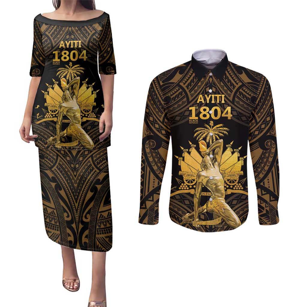Haitian Negre Marron 1804 Couples Matching Puletasi and Long Sleeve Button Shirt Gold Polynesian Pattern LT9 Gold - Polynesian Pride
