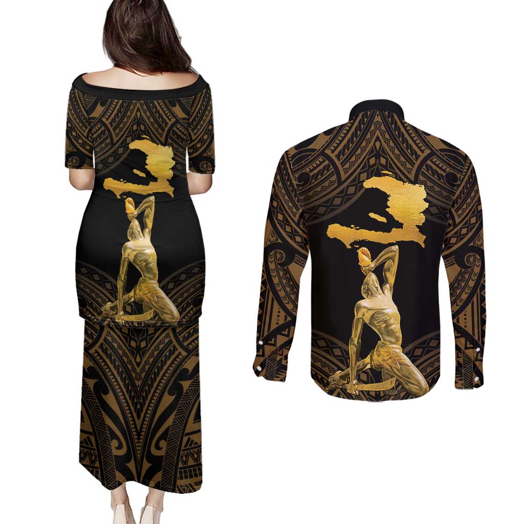 Haitian Negre Marron 1804 Couples Matching Puletasi and Long Sleeve Button Shirt Gold Polynesian Pattern LT9 - Polynesian Pride