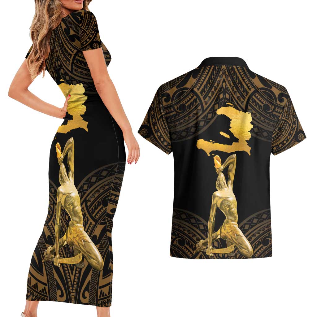 Haitian Negre Marron 1804 Couples Matching Short Sleeve Bodycon Dress and Hawaiian Shirt Gold Polynesian Pattern LT9 - Polynesian Pride