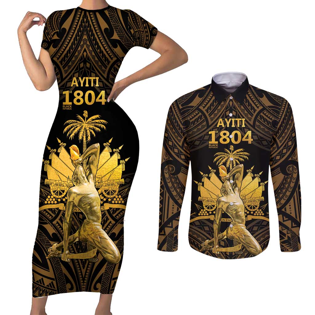 Haitian Negre Marron 1804 Couples Matching Short Sleeve Bodycon Dress and Long Sleeve Button Shirt Gold Polynesian Pattern LT9 Gold - Polynesian Pride