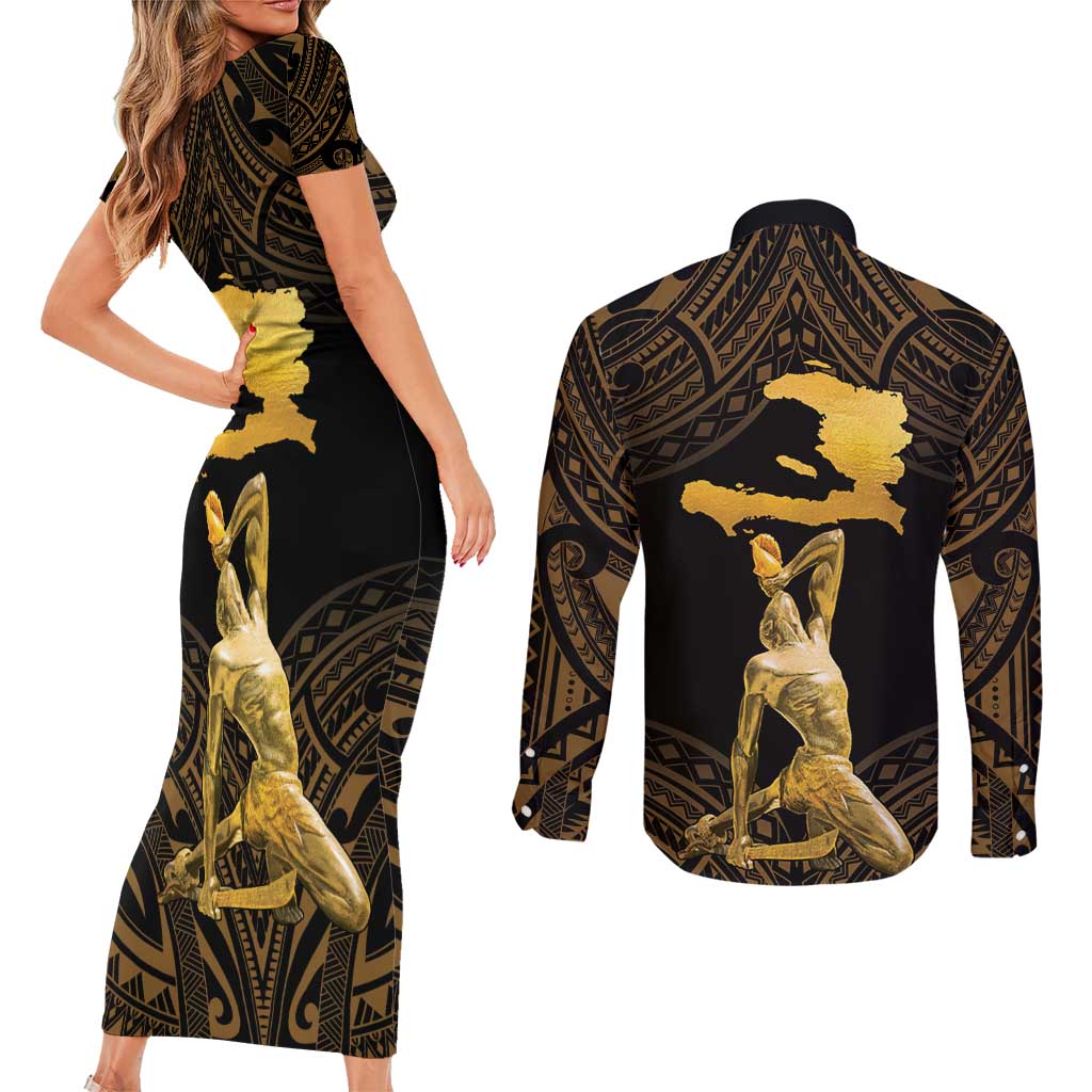 Haitian Negre Marron 1804 Couples Matching Short Sleeve Bodycon Dress and Long Sleeve Button Shirt Gold Polynesian Pattern LT9 - Polynesian Pride