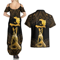 Haitian Negre Marron 1804 Couples Matching Summer Maxi Dress and Hawaiian Shirt Gold Polynesian Pattern LT9 - Polynesian Pride