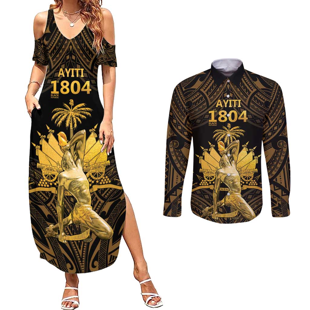 Haitian Negre Marron 1804 Couples Matching Summer Maxi Dress and Long Sleeve Button Shirt Gold Polynesian Pattern LT9 Gold - Polynesian Pride