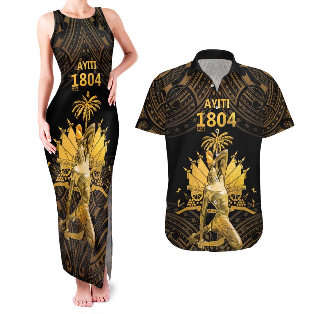 Haitian Negre Marron 1804 Couples Matching Tank Maxi Dress and Hawaiian Shirt Gold Polynesian Pattern LT9 Gold - Polynesian Pride
