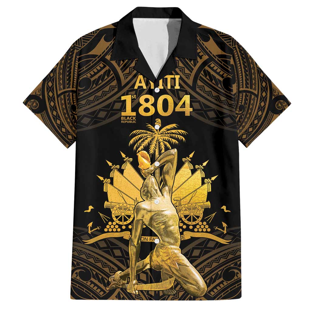 Haitian Negre Marron 1804 Family Matching Long Sleeve Bodycon Dress and Hawaiian Shirt Gold Polynesian Pattern