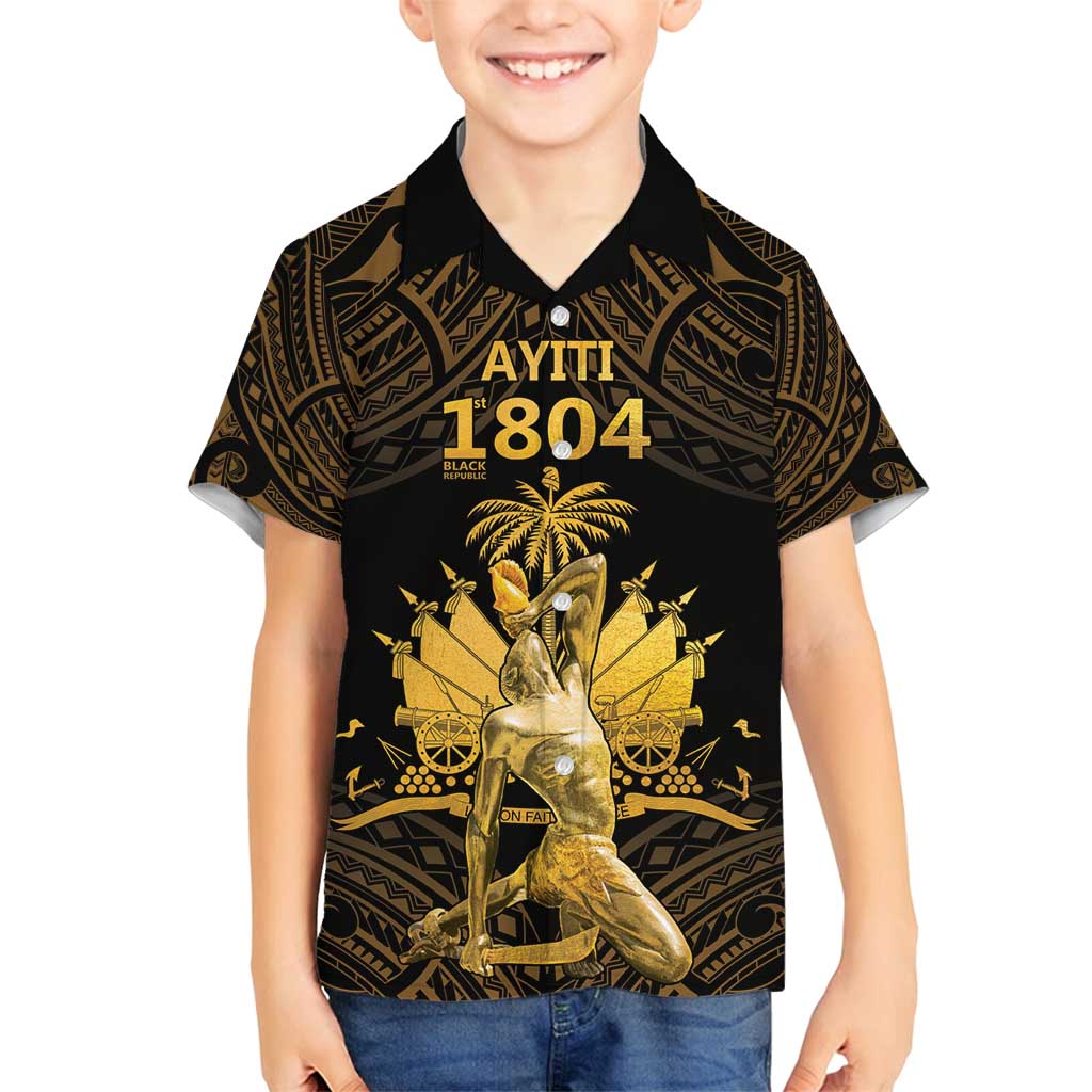 Haitian Negre Marron 1804 Family Matching Summer Maxi Dress and Hawaiian Shirt Gold Polynesian Pattern