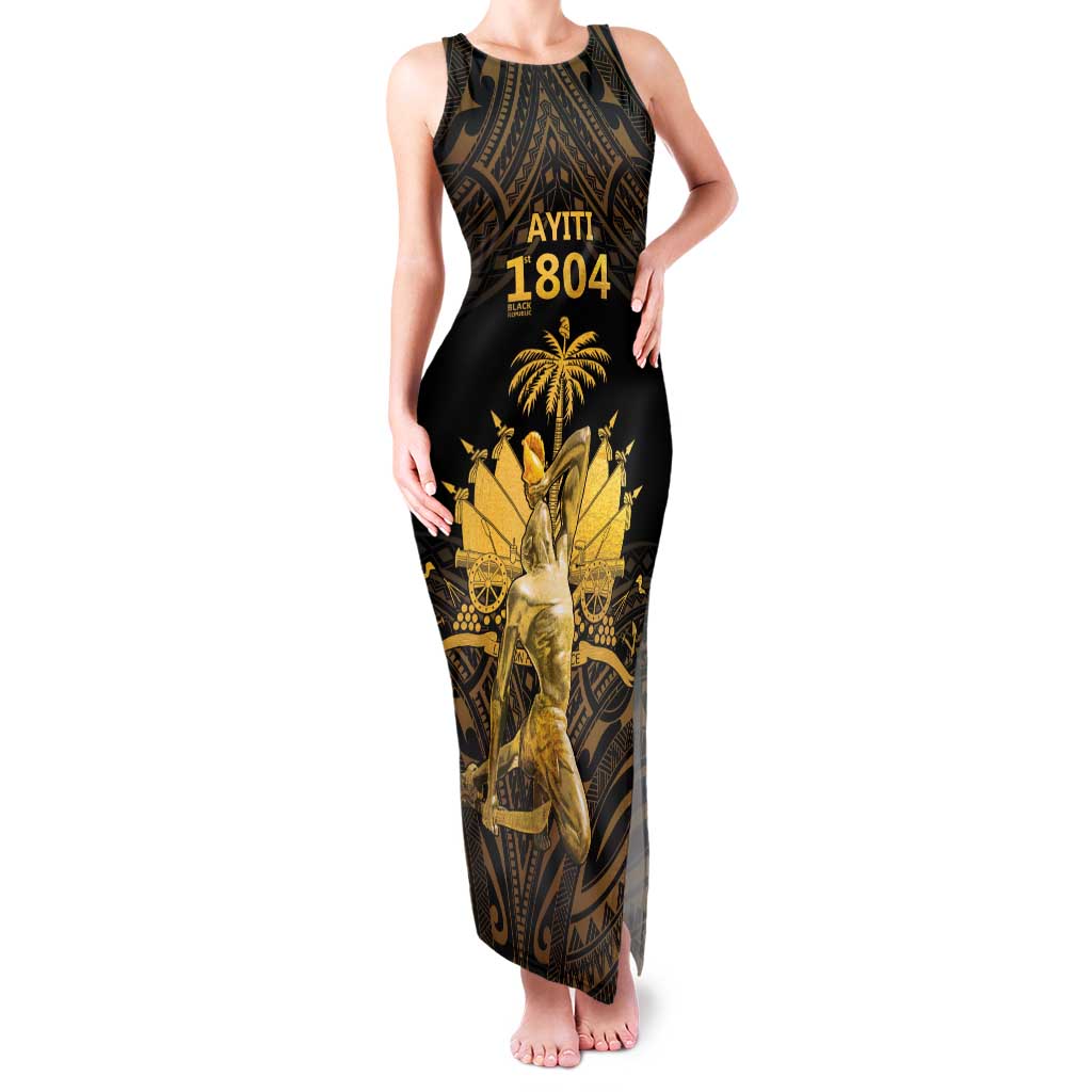 Haitian Negre Marron 1804 Family Matching Tank Maxi Dress and Hawaiian Shirt Gold Polynesian Pattern