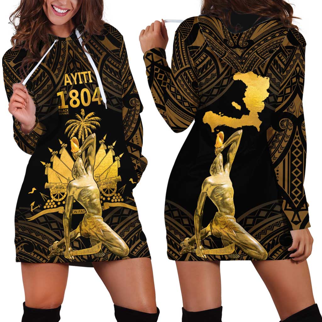 Haitian Negre Marron 1804 Hoodie Dress Gold Polynesian Pattern