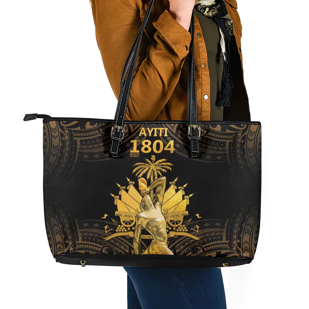 Haitian Negre Marron 1804 Leather Tote Bag Gold Polynesian Pattern LT9 - Polynesian Pride