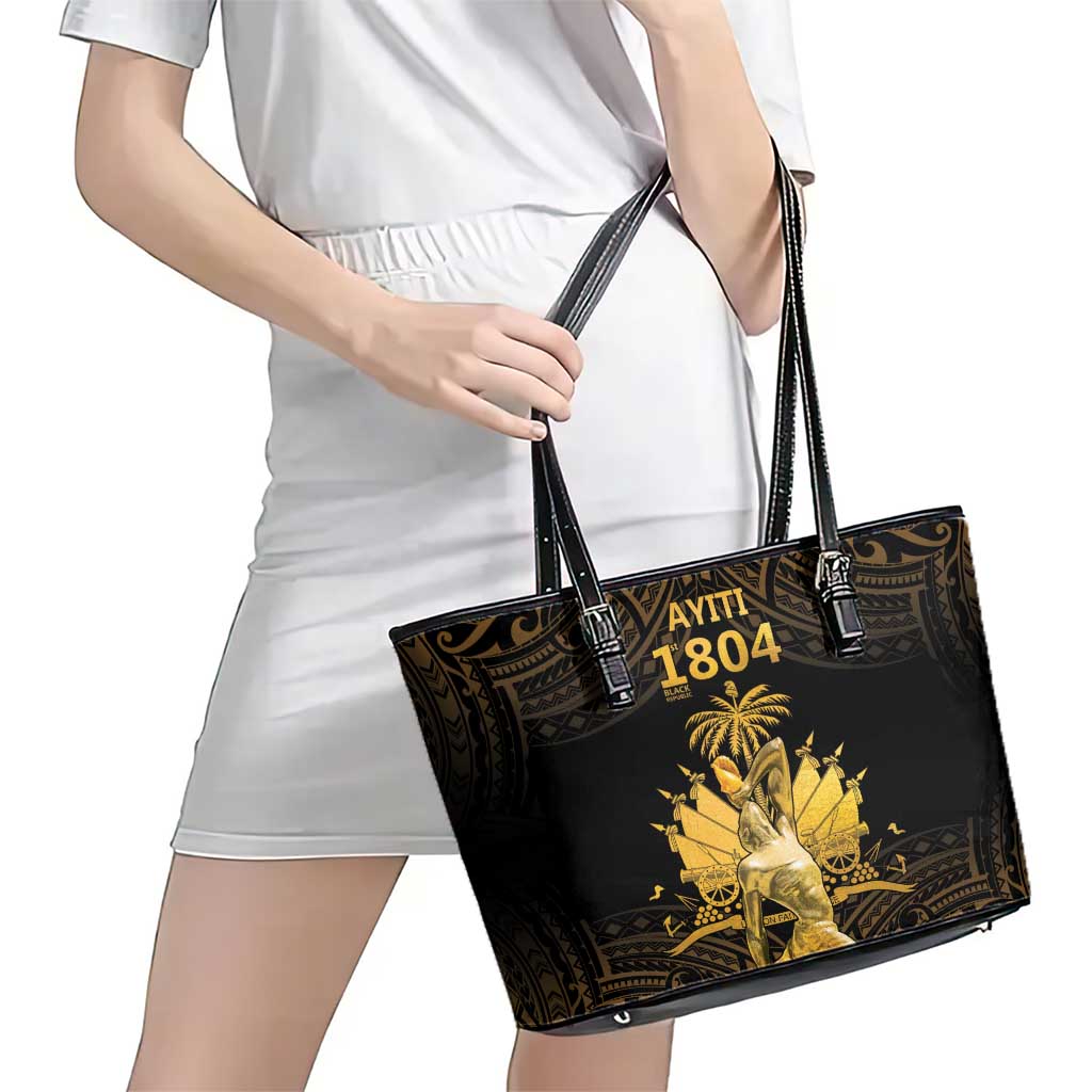 Haitian Negre Marron 1804 Leather Tote Bag Gold Polynesian Pattern LT9 - Polynesian Pride