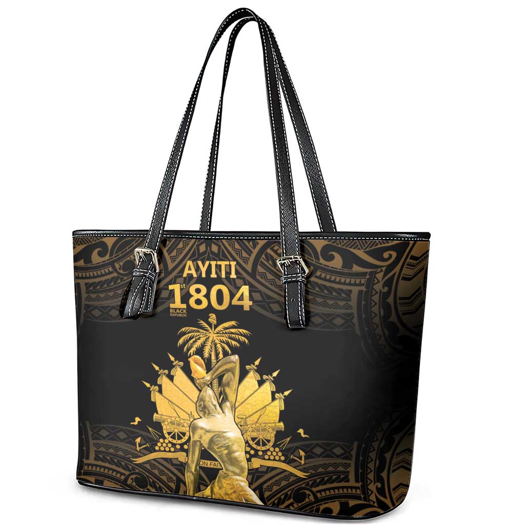 Haitian Negre Marron 1804 Leather Tote Bag Gold Polynesian Pattern LT9 - Polynesian Pride