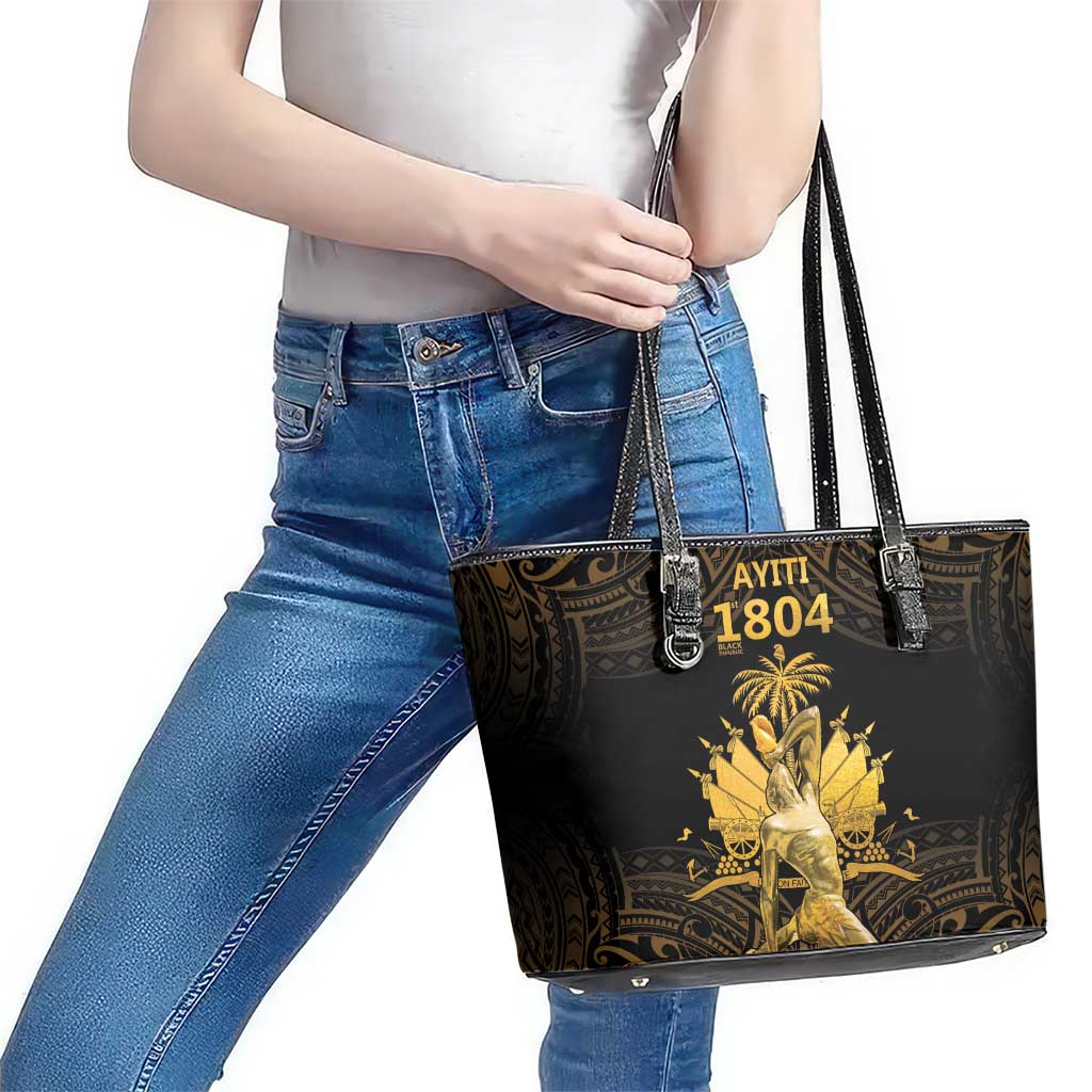 Haitian Negre Marron 1804 Leather Tote Bag Gold Polynesian Pattern LT9 - Polynesian Pride