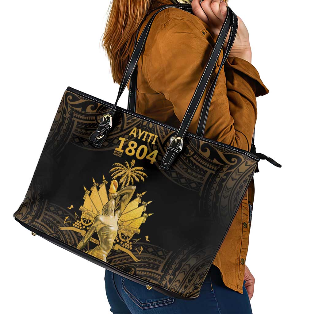 Haitian Negre Marron 1804 Leather Tote Bag Gold Polynesian Pattern LT9 - Polynesian Pride