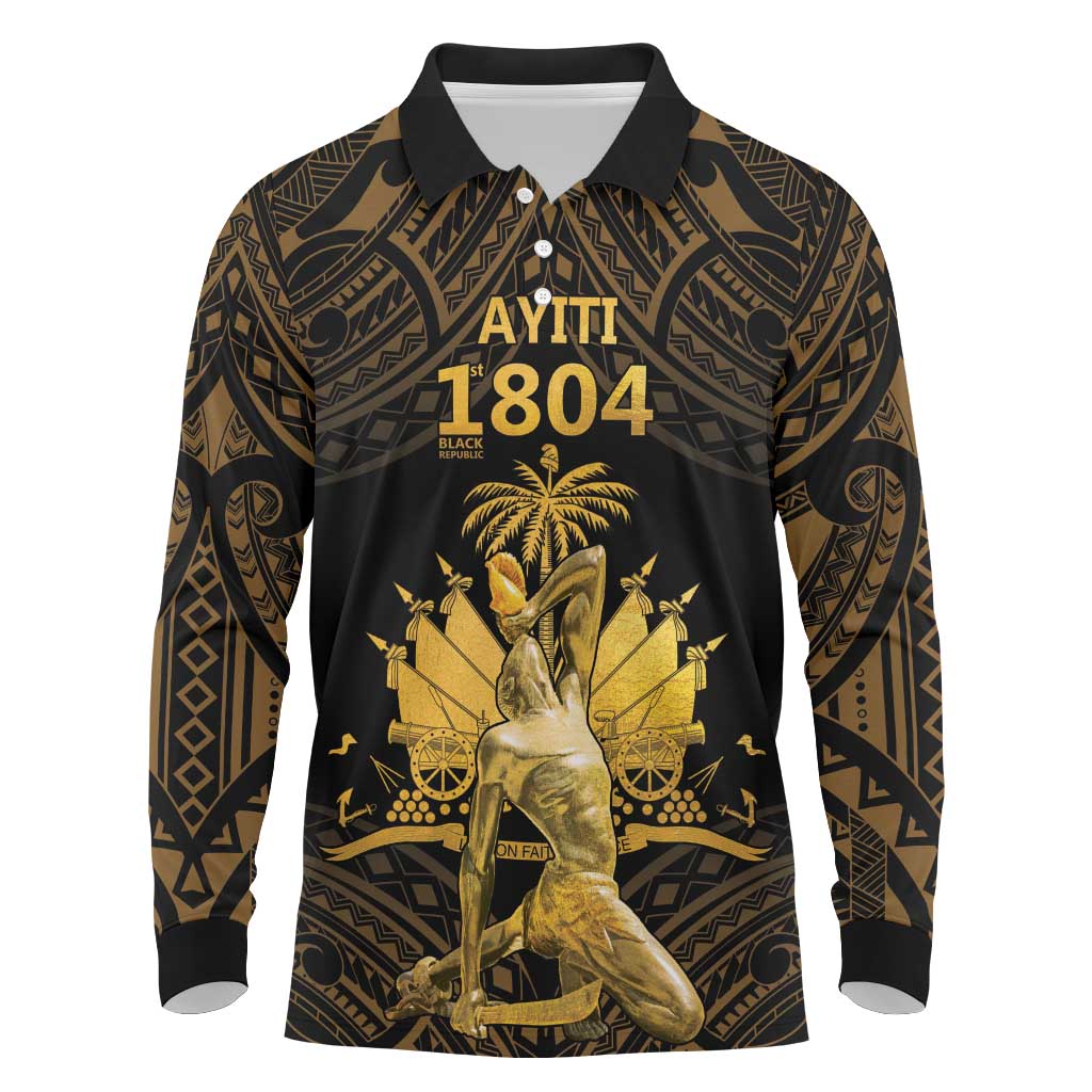 Haitian Negre Marron 1804 Long Sleeve Polo Shirt Gold Polynesian Pattern
