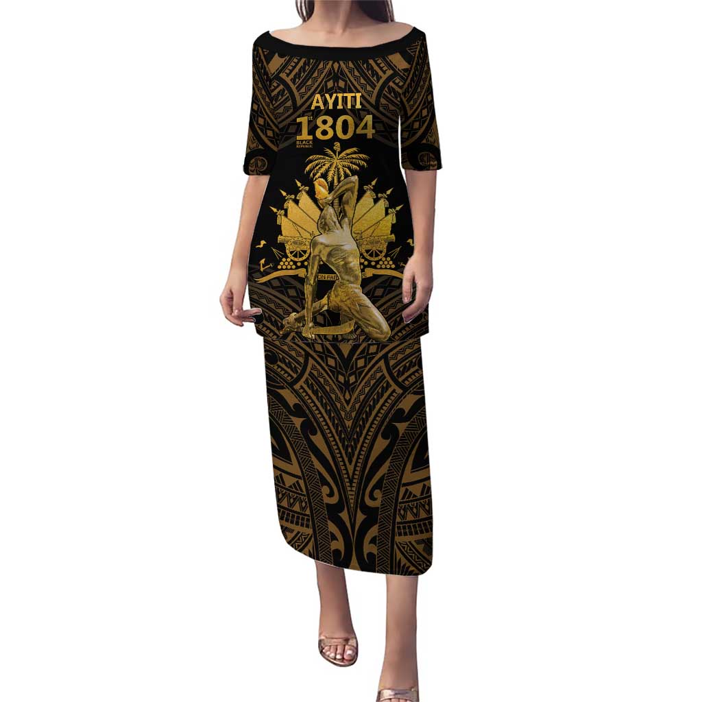 Haitian Negre Marron 1804 Puletasi Gold Polynesian Pattern LT9 Long Dress Gold - Polynesian Pride