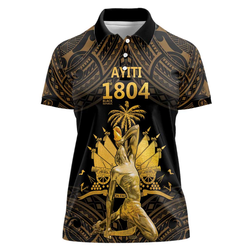 Haitian Negre Marron 1804 Women Polo Shirt Gold Polynesian Pattern