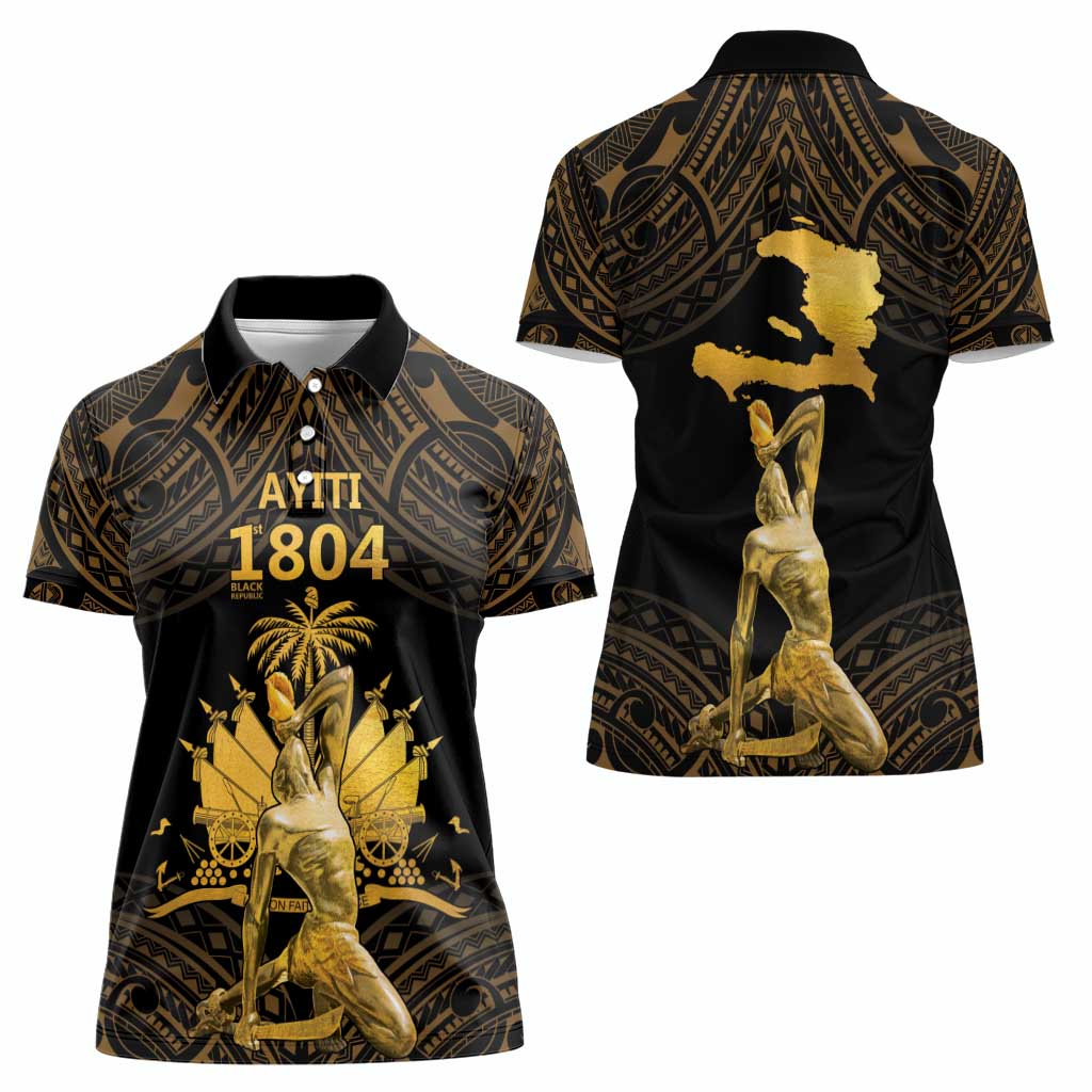 Haitian Negre Marron 1804 Women Polo Shirt Gold Polynesian Pattern