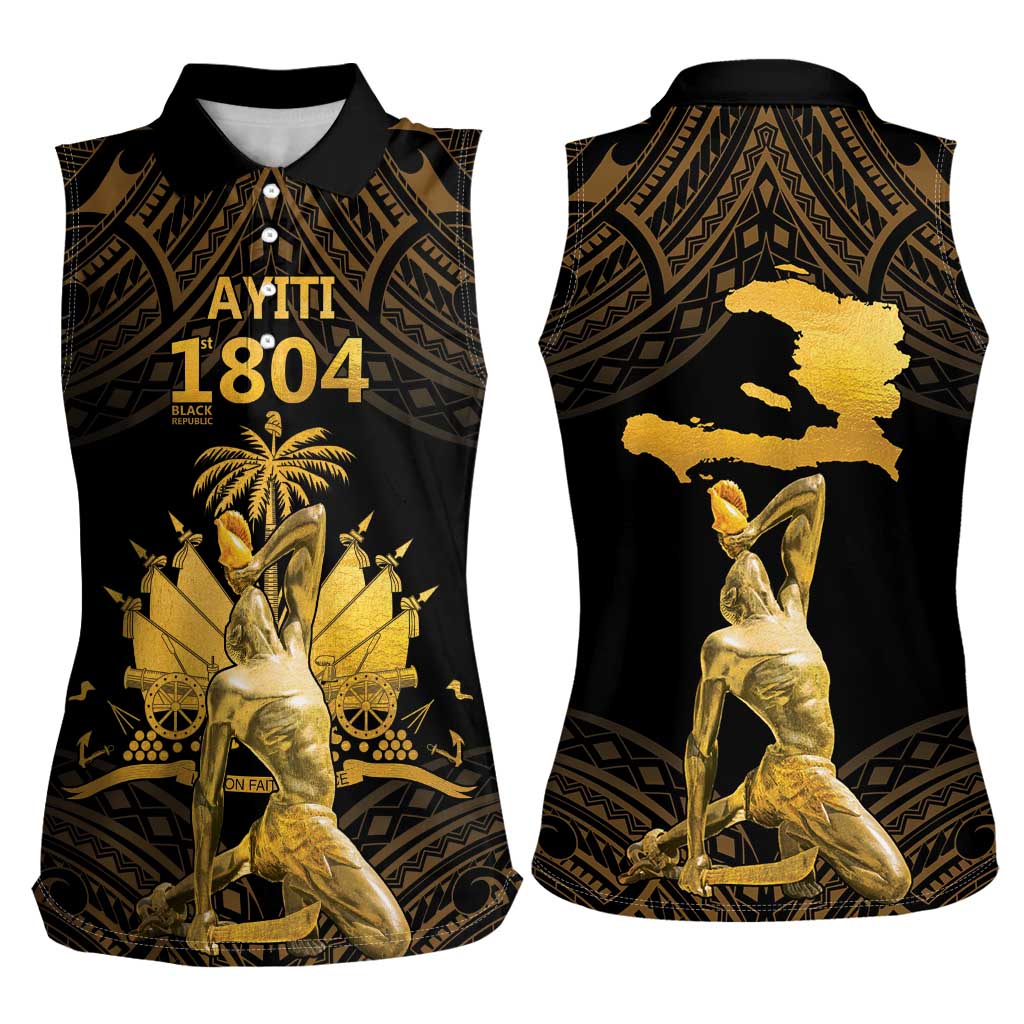 Haitian Negre Marron 1804 Women Sleeveless Polo Shirt Gold Polynesian Pattern