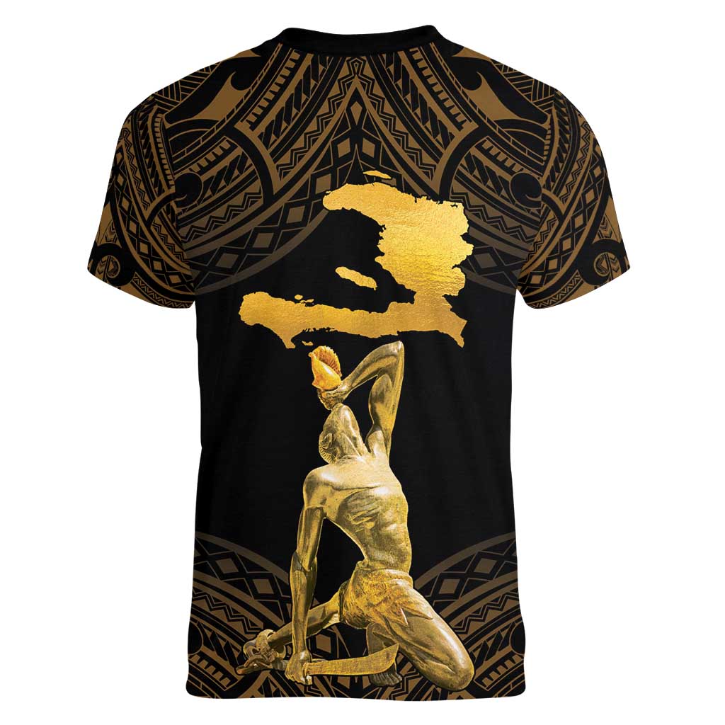 Haitian Negre Marron 1804 Women V-Neck T-Shirt Gold Polynesian Pattern LT9 - Polynesian Pride