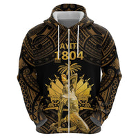 Haitian Negre Marron 1804 Zip Hoodie Gold Polynesian Pattern