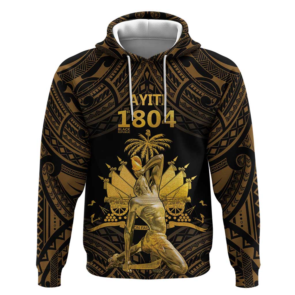 Haitian Negre Marron 1804 Zip Hoodie Gold Polynesian Pattern