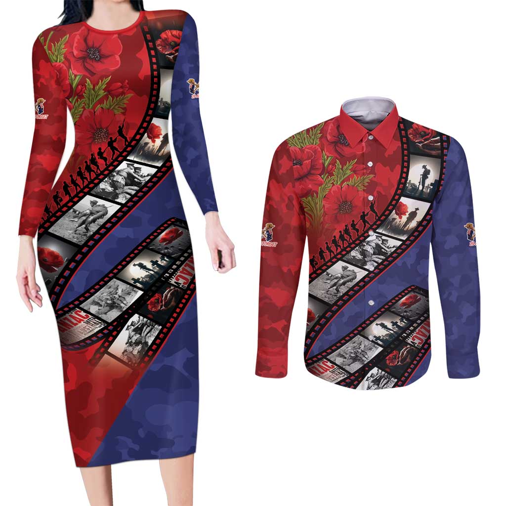 Personalised ANZAC Spirit 1915-2026 Filmstrip Tribute Couples Matching Long Sleeve Bodycon Dress and Long Sleeve Button Shirt Lest We Forget 25 April LT9 Red - Polynesian Pride