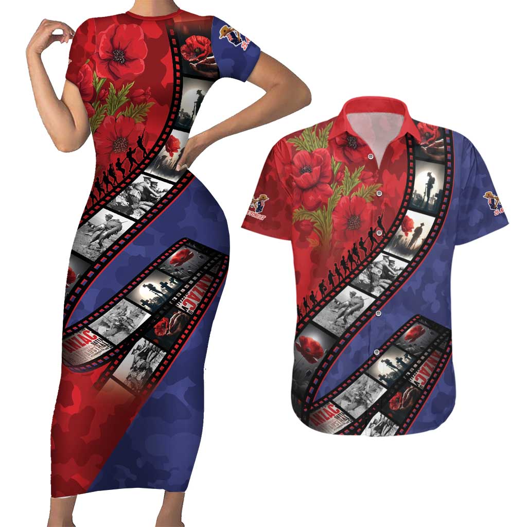 Personalised ANZAC Spirit 1915-2026 Filmstrip Tribute Couples Matching Short Sleeve Bodycon Dress and Hawaiian Shirt Lest We Forget 25 April LT9 Red - Polynesian Pride