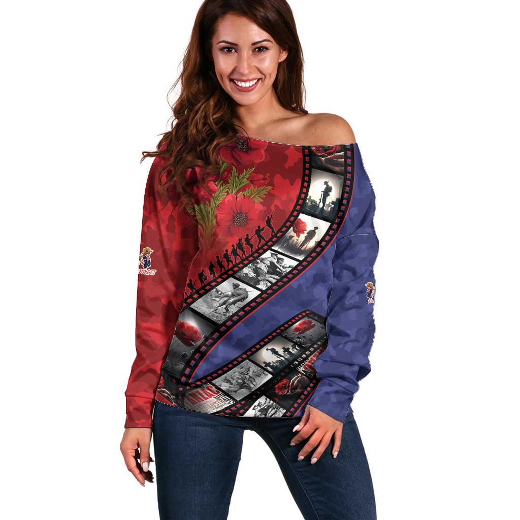 Personalised ANZAC Spirit 1915-2026 Filmstrip Tribute Off Shoulder Sweater Lest We Forget 25 April LT9 Women Red - Polynesian Pride