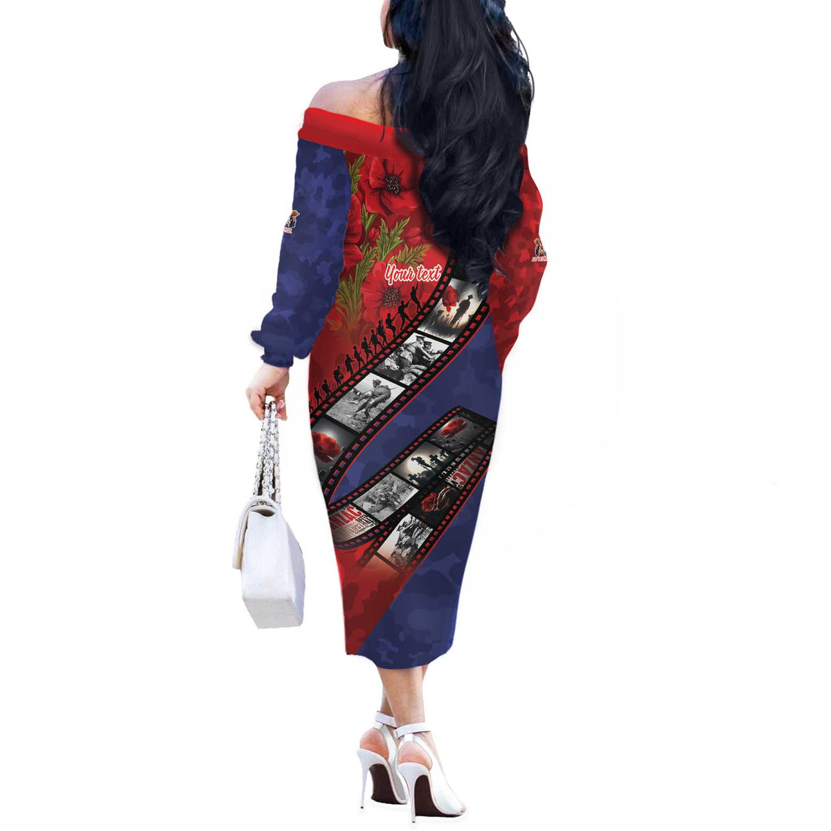 Personalised ANZAC Spirit 1915-2026 Filmstrip Tribute Off The Shoulder Long Sleeve Dress Lest We Forget 25 April