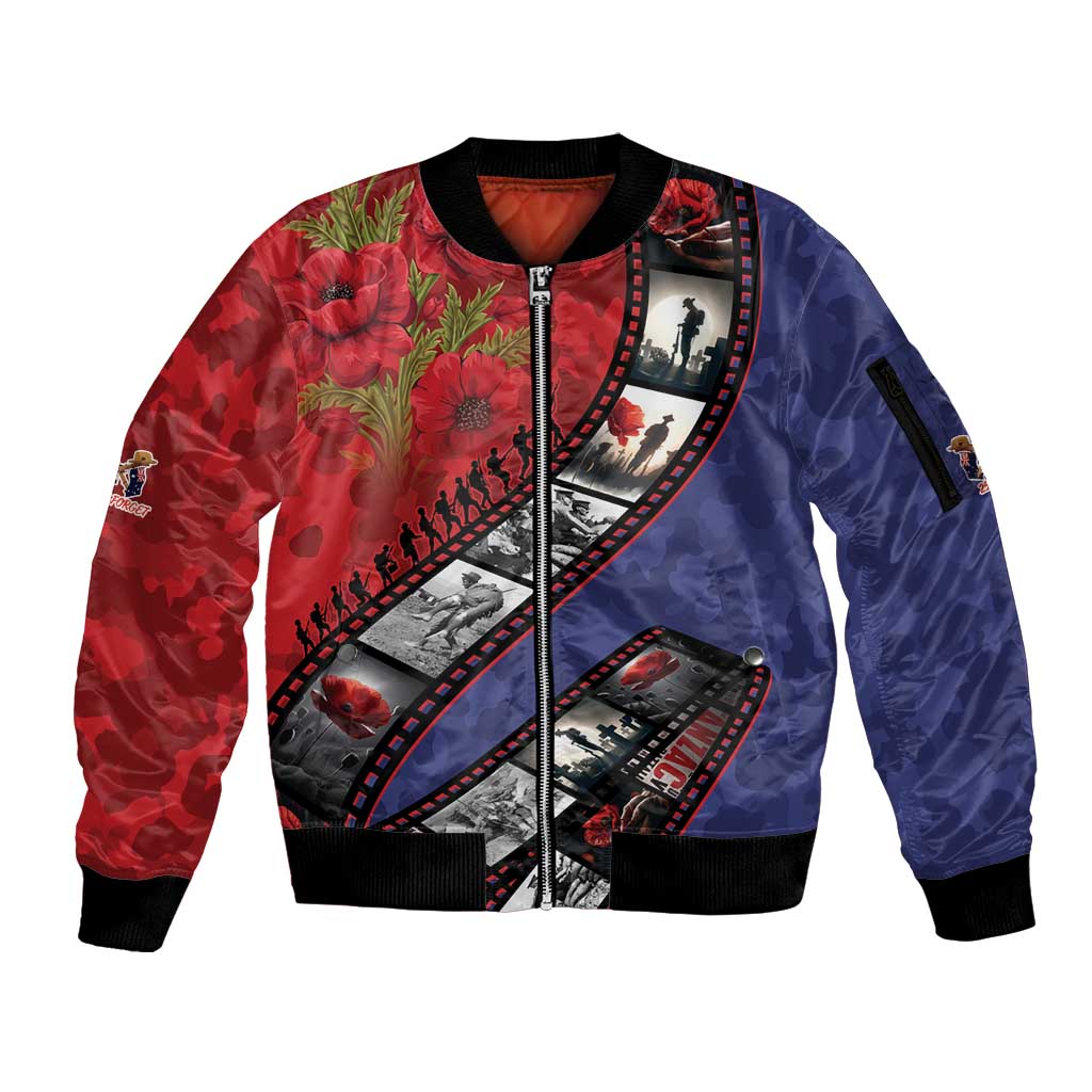 Personalised ANZAC Spirit 1915-2026 Filmstrip Tribute Sleeve Zip Bomber Jacket Lest We Forget 25 April LT9 Unisex Red - Polynesian Pride