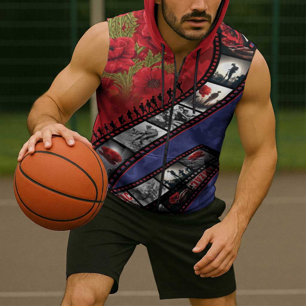 Personalised ANZAC Spirit 1915-2026 Filmstrip Tribute Sleeveless Zip Hoodie Lest We Forget 25 April